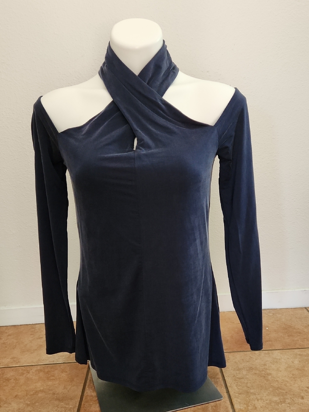 Ecru Navy Cross-Neck Long Sleeve  Top Slinky Cupro Small